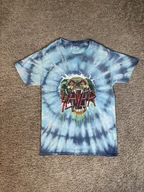 Slayer Shirt Mens S Blue Tie Dye Graphic Crew Neck Cotton Jersey Classic Fit